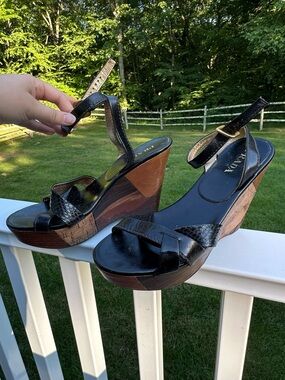 Prada Retro 70s Patchwork Cork Wood Platform Wedge Black Ankle Strap Size 9.5